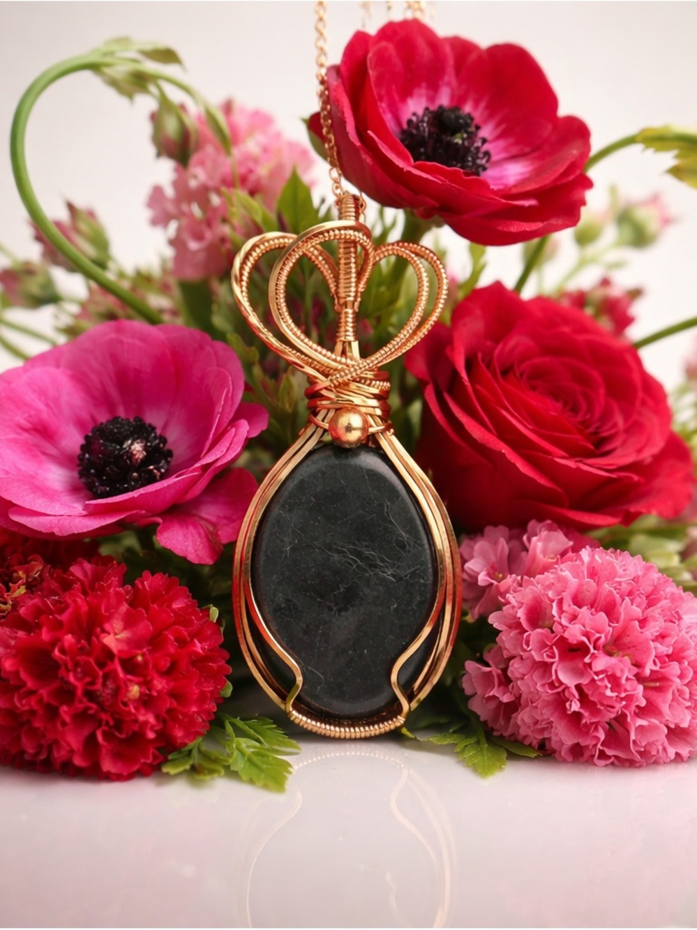 Copper Wire-Wrapped Black Shungite Stone Pendant Necklace